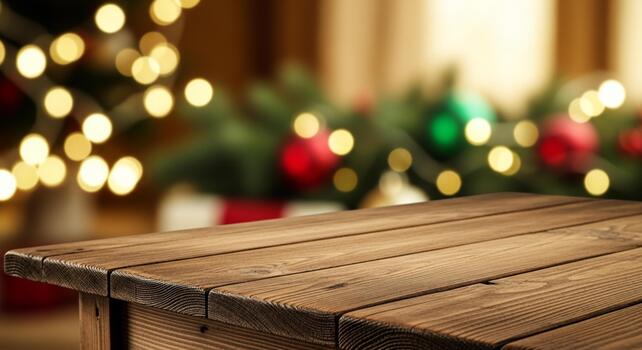Warm wooden table in foreground with festive Christmas tree bokeh lights and ornaments creating a cozy holiday atmosphere photo