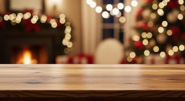 Warm wooden table foreground with cozy Christmas fireplace, festive tree, and bokeh lights creating a magical holiday atmosphere for your product display. photo