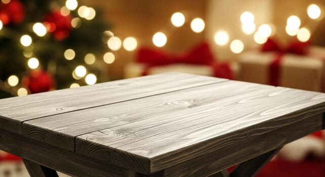 Rustic wooden table foreground with festive blurred Christmas tree lights and gift boxes bokeh background for product display photo