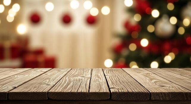 Rustic wooden table foreground with cozy Christmas tree and bokeh lights background for festive product placement photo