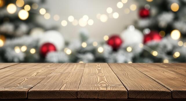 Rustic wooden table surface with festive bokeh lights and blurred Christmas tree decorations for holiday product display photo