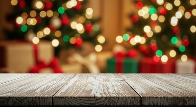 Cozy wooden table surface in front of a softly blurred festive Christmas tree with glowing bokeh lights and wrapped presents photo