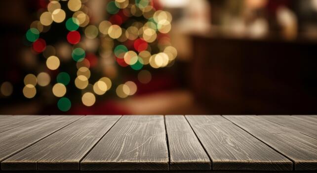 Cozy wooden table with blurred warm Christmas tree bokeh lights creating a festive holiday atmosphere for product placement photo