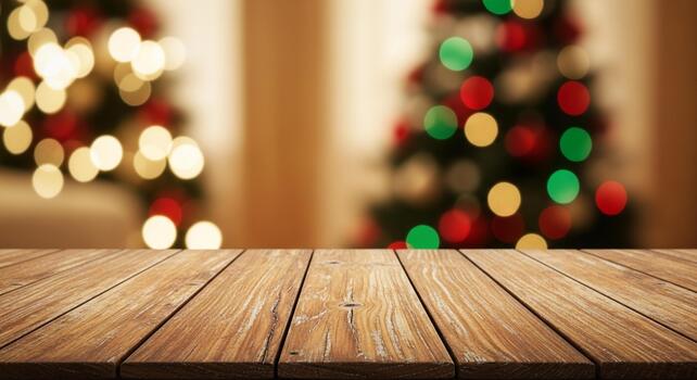 Warm wooden table foreground with festive blurred Christmas tree bokeh lights creating a cozy holiday atmosphere for product display photo