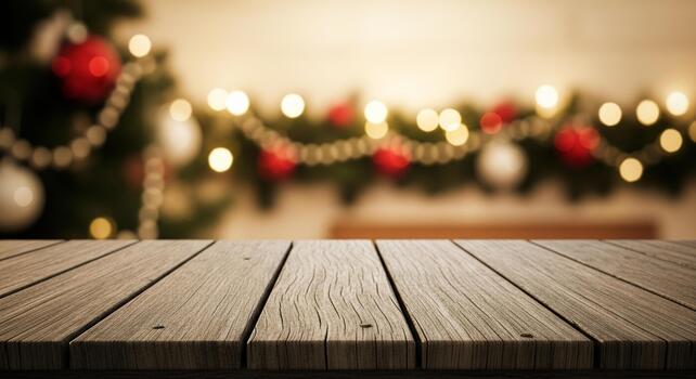 Warm rustic wooden table foreground with blurred festive Christmas tree and bokeh lights background for product display photo