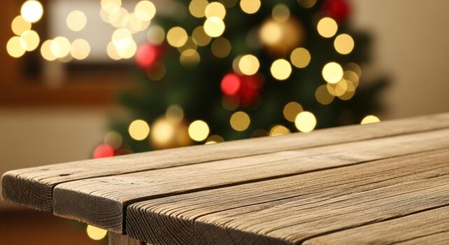 Rustic wooden table foreground with blurred festive Christmas tree lights bokeh background for holiday product placement photo