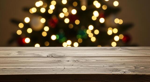 Warm wooden table in front of a softly blurred Christmas tree with twinkling bokeh lights, perfect for holiday displays photo