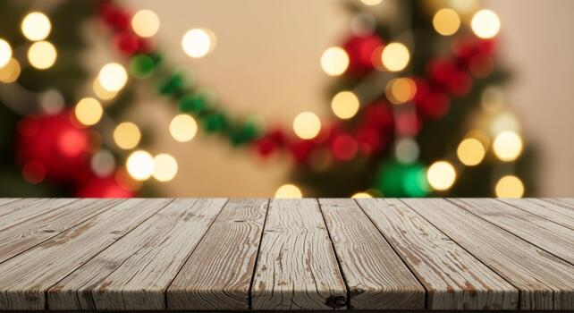 Rustic wooden table surface with festive bokeh lights and Christmas tree decorations creating a warm holiday atmosphere photo