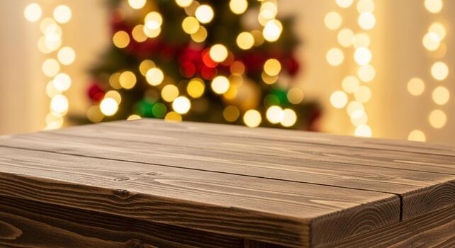 Rustic wooden table foreground with glowing Christmas tree bokeh lights and festive decorations in soft focus background photo