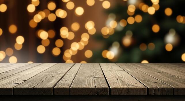 Warm wooden table surface with blurred festive bokeh lights and Christmas tree background creating cozy holiday atmosphere photo