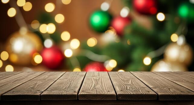 Warm wooden table foreground with festive blurred Christmas tree ornaments and bokeh lights creating a magical holiday atmosphere photo