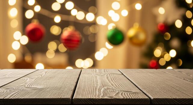 Warm, festive holiday lights and ornaments create a magical bokeh background over a rustic wooden table perfect for product placement. photo