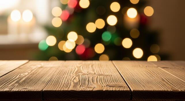 Warm, inviting wooden table surface with cozy, blurred Christmas tree bokeh lights and candles creating a festive holiday atmosphere photo