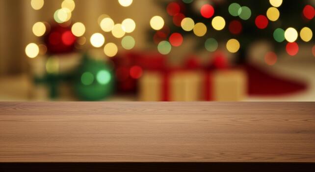 Cozy wooden table surface in front of a softly blurred festive Christmas tree with glowing bokeh lights and gifts photo