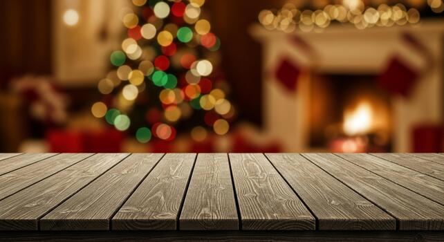 Rustic wooden table in front of a cozy, bokeh-lit Christmas tree and fireplace setting, perfect for festive product placement photo