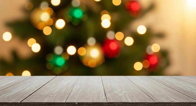 rústico de madera mesa primer plano con festivo borroso Navidad árbol bokeh luces creando un calentar fiesta atmósfera para producto colocación foto