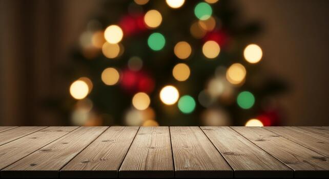 Warm wooden table surface in front of a softly blurred festive Christmas tree with glowing bokeh lights photo