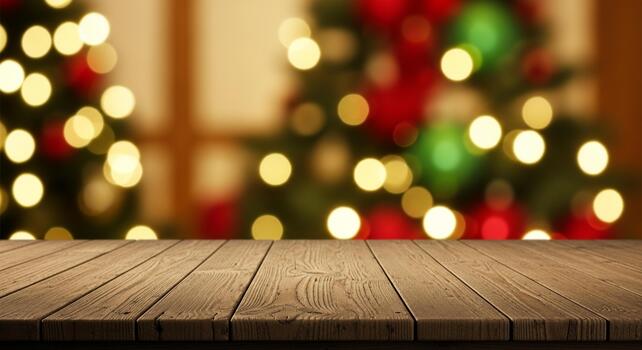 Rustic wooden table surface in front of a beautifully blurred Christmas tree with warm bokeh lights creating a festive holiday atmosphere photo