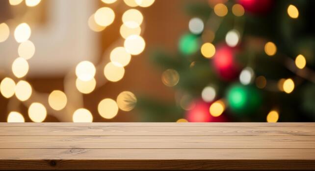 Warm wooden table surface with festive bokeh lights and blurred Christmas tree creating a cozy holiday atmosphere for product placement photo