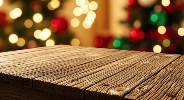Rustic wooden table foreground with festive blurred Christmas tree bokeh lights creating a cozy holiday atmosphere for product display photo