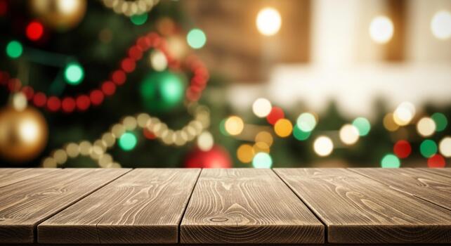Warm wooden table in foreground with festive blurred Christmas tree bokeh lights creating a magical holiday atmosphere photo