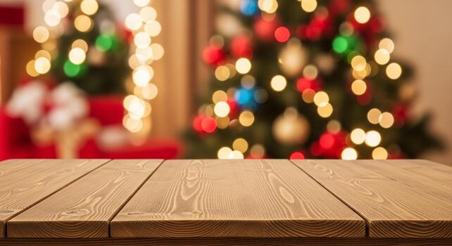Warm wooden table surface in front of a beautifully blurred Christmas tree with festive bokeh lights creating holiday magic photo