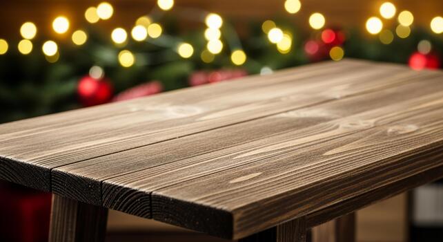 Rustic wooden table surface displays cozy festive holiday background with warm bokeh lights and red ornaments perfect for product placement photo