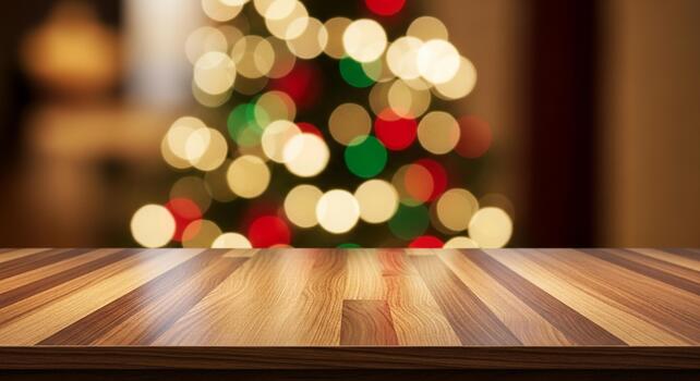 Warm wooden table surface foreground with blurred festive Christmas tree bokeh lights background creating cozy holiday atmosphere photo