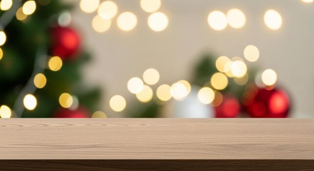 Cozy wooden table surface in front of a blurred festive Christmas tree with warm bokeh lights and red ornaments photo