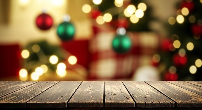Craft a festive Christmas display on a rustic wooden table with a cozy bokeh background of tree lights and vibrant ornaments photo