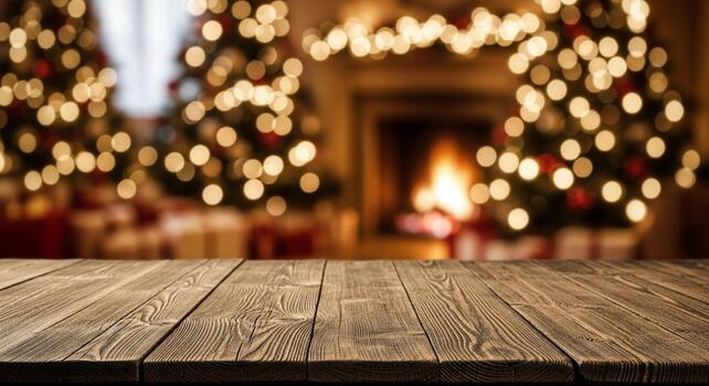 Cozy Christmas scene with rustic wood table ready for product display with trees and fireplace in background perfect for holiday promotions photo