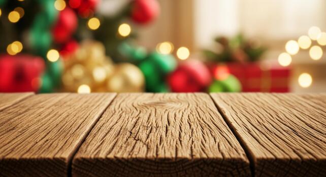 crear fiesta magia con esta rústico madera superficie y festivo bokeh Navidad árbol antecedentes para producto muestra y estacional promociones foto