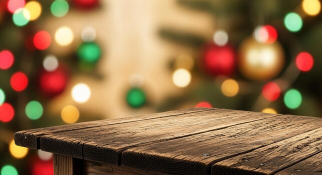 Rustic wooden table in foreground with blurred festive Christmas tree bokeh lights creating a warm holiday atmosphere photo