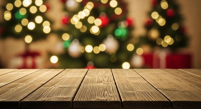 Rustic wooden table top invites you to display your product with warm Christmas lights glowing from decorated trees behind it photo