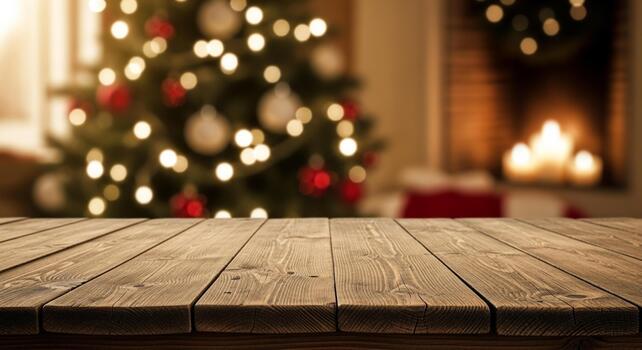 Create stunning Christmas product displays on this rustic wood table with a cozy festive fireplace and decorated tree background photo