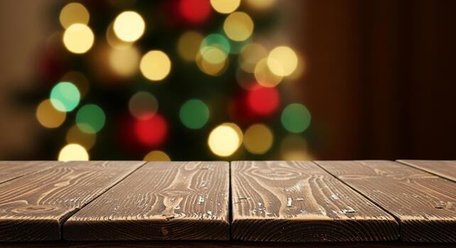 Rustic wooden table surface with warm, festive Christmas tree bokeh lights creating a magical holiday atmosphere for product placement photo