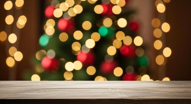 Warm wooden table surface with festive blurred Christmas tree bokeh lights in background for holiday product display photo