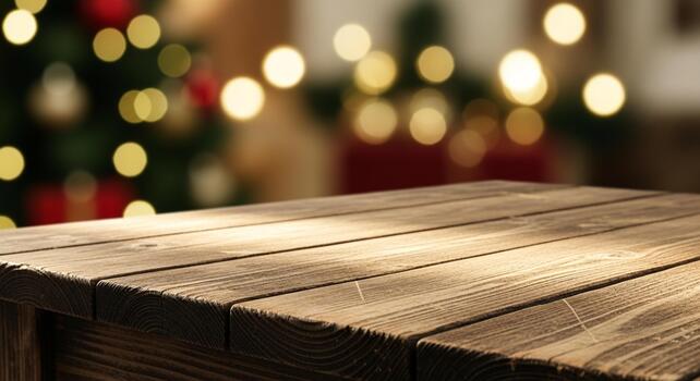 Warm rustic wooden table surface bathed in soft light with a festive blurred Christmas tree and bokeh background, perfect for holiday product displays. photo