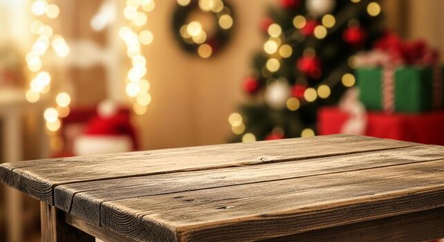 Empty rustic wooden table with warm Christmas tree bokeh lights and presents, perfect for holiday product placement. photo