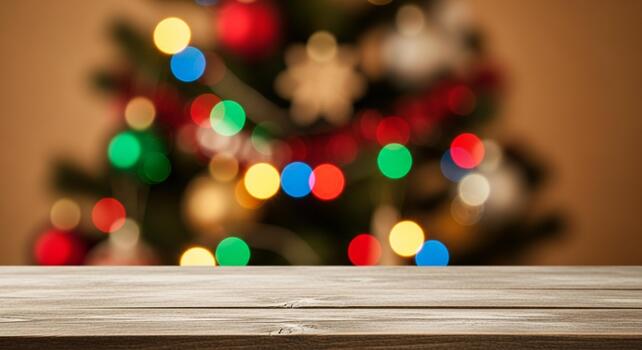 Festive bokeh lights from a decorated Christmas tree create a magical backdrop over a rustic wooden table surface photo