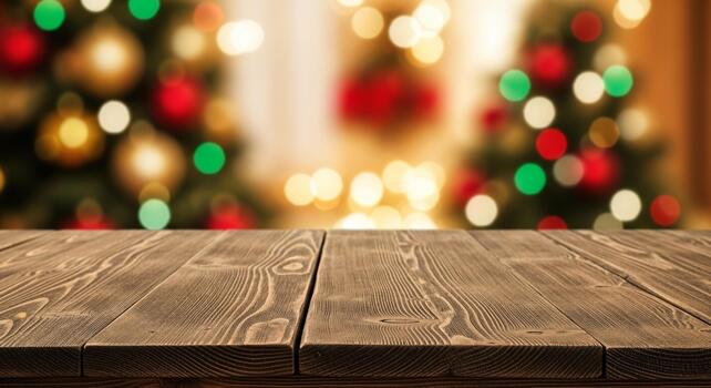 Warm wooden table foreground with festive blurred Christmas tree bokeh lights in background creating cozy holiday atmosphere photo