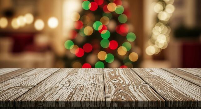 Rustic wooden table surface with festive blurred Christmas tree bokeh lights creating a warm holiday atmosphere photo