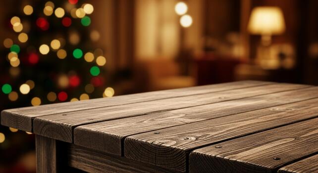 Rustic wooden table foreground with blurred festive Christmas tree bokeh lights and warm lamp glow background photo