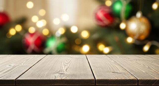 Rustic wooden table surface with a softly blurred festive Christmas tree background and warm bokeh lights creating a cozy holiday atmosphere photo