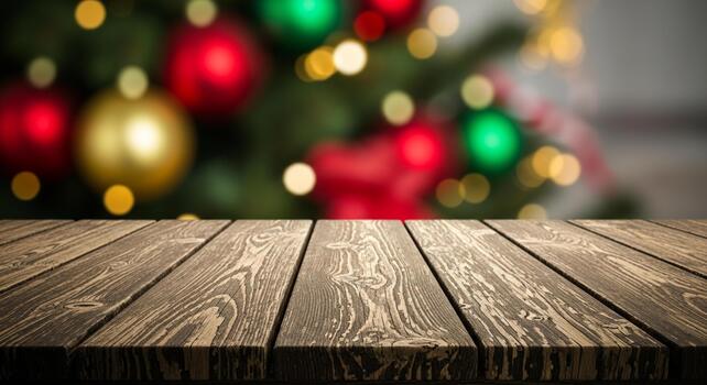 Rustic wooden table surface for festive holiday product placement with blurred bokeh Christmas tree background and warm lights photo