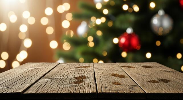 Rustic wooden table foreground with festive Christmas tree bokeh lights and ornaments creating a warm holiday atmosphere photo