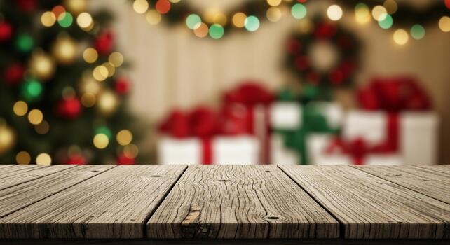 Rustic wooden table surface with festive bokeh lights, blurred Christmas tree, and wrapped gifts in background photo