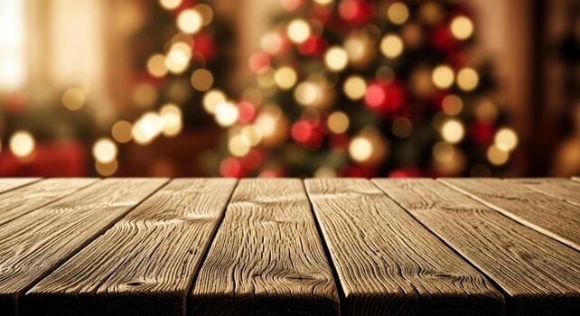 Warm rustic wooden table foreground with glowing bokeh Christmas tree background, perfect for holiday product placement photo