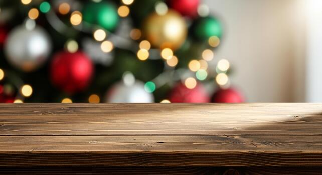 Warm wooden table surface in front of a blurred, festive Christmas tree with glowing bokeh lights and ornaments creating a cozy holiday scene photo