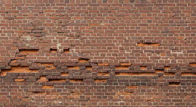 Rustic brick wall with weathered texture and damaged sections, perfect for backgrounds, design elements, or architectural projects photo